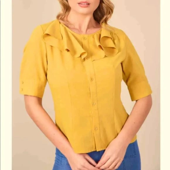 Voodoo Vixen Mustard Flutter Collar Blouse - Picture 3 of 5